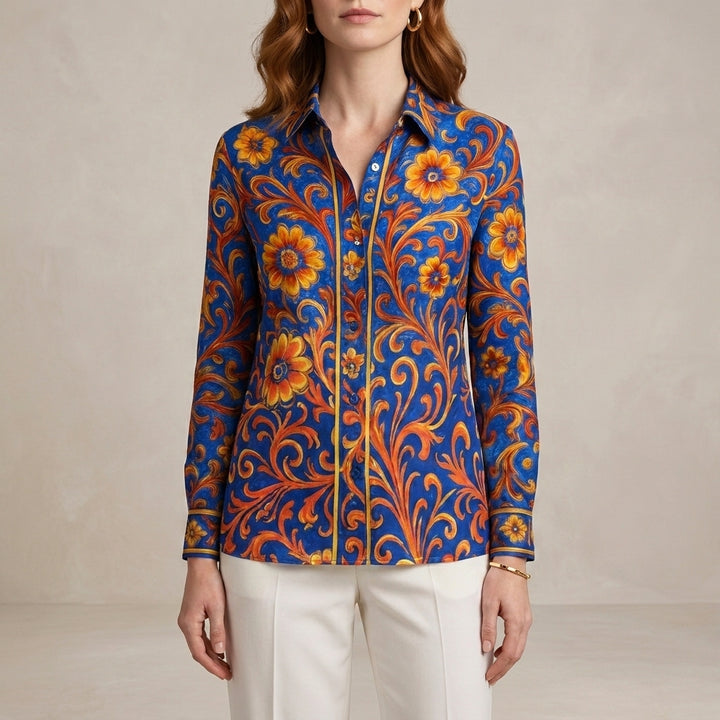 Ornate Floral Button Up Blouse with Tailored Collar and Long Sleeves