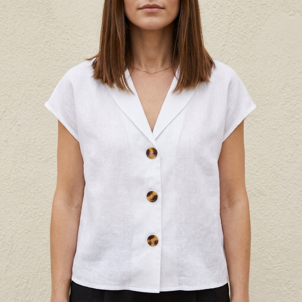 Relaxed V Neck Blouse with Statement Button Front Detail