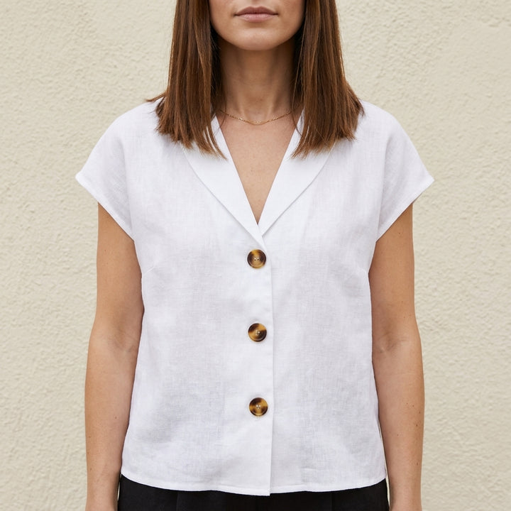Relaxed V Neck Blouse with Statement Button Front Detail