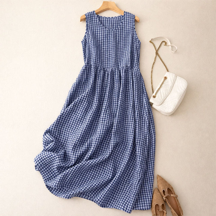 Relaxed Checkered Midi Dress with Sleeveless Bodice and Gathered Waist