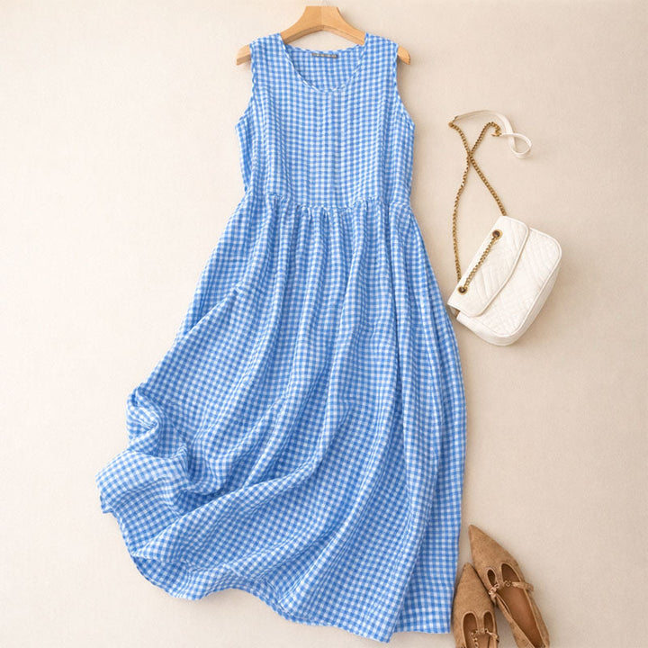 Relaxed Checkered Midi Dress with Sleeveless Bodice and Gathered Waist
