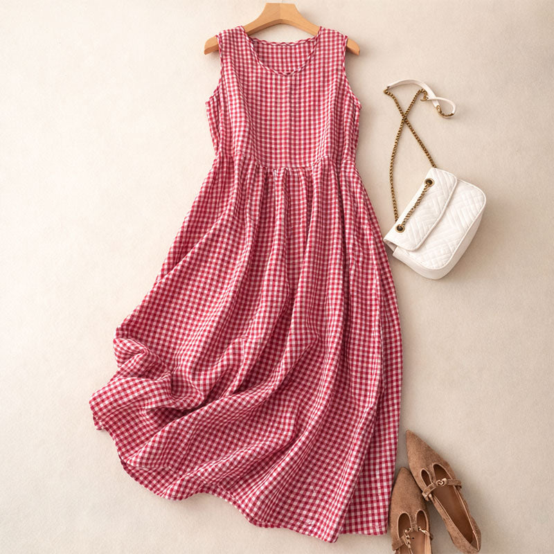 Relaxed Checkered Midi Dress with Sleeveless Bodice and Gathered Waist