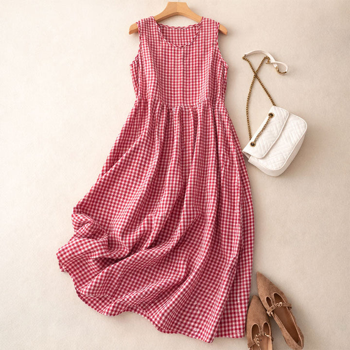 Relaxed Checkered Midi Dress with Sleeveless Bodice and Gathered Waist
