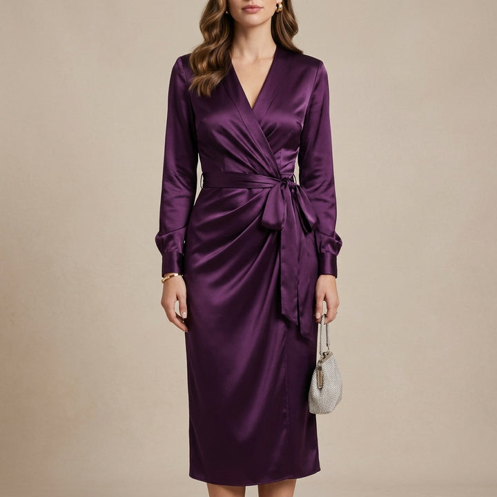 Wrap Midi Dress with Ruched Waist and Cuffed Sleeves