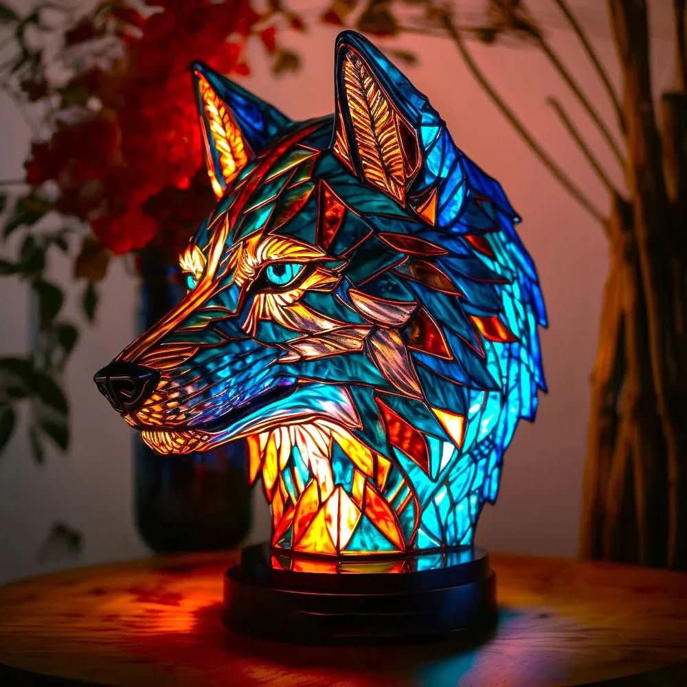Art Nouveau Stained Glass Wolf Table Lamp