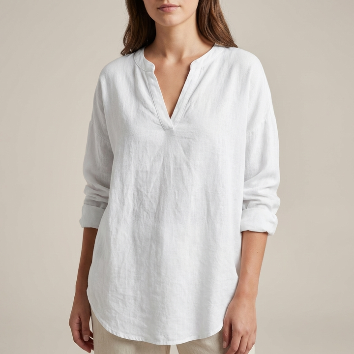Relaxed-Fit Tunic Blouse with Split V-Neck and Curved Hem