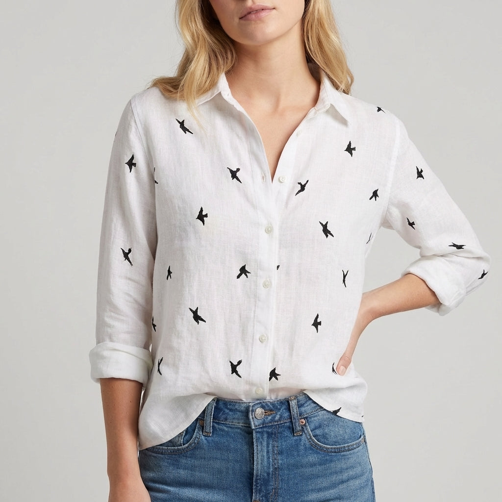 Relaxed Button-Up Blouse with Soft Collar and Rolled Sleeves