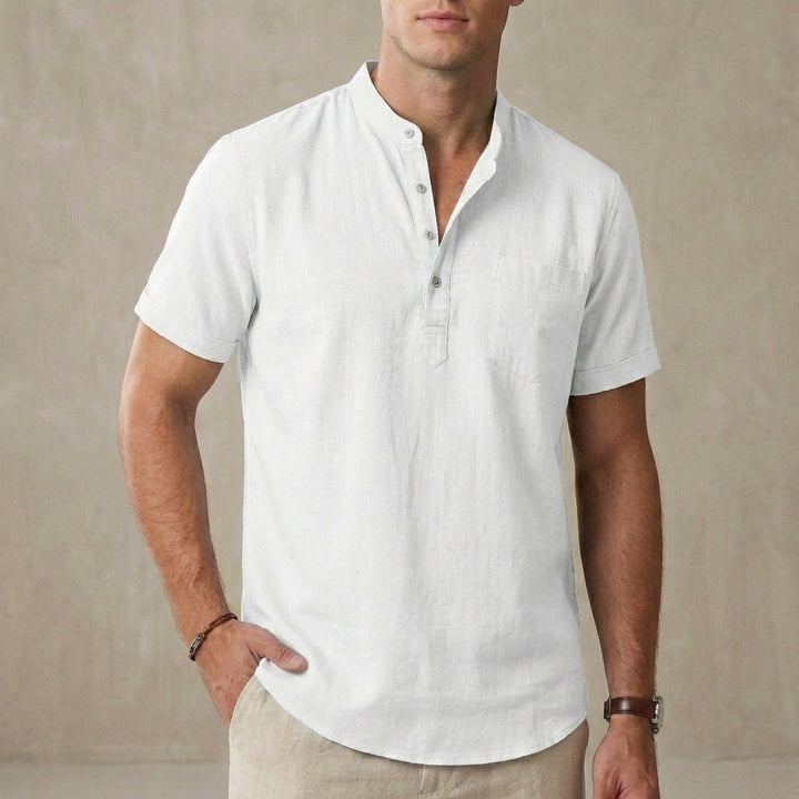 Relaxed Mandarin Collar Shirt with Button Placket and Chest Pocket