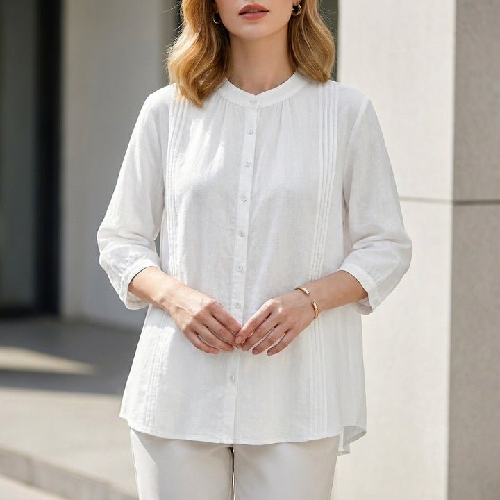 Relaxed Fit Blouse with Pintuck and Band Collar