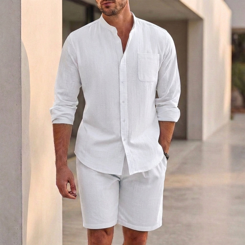 Relaxed Two-Piece Set with Band Collar Shirt and Tailored Shorts