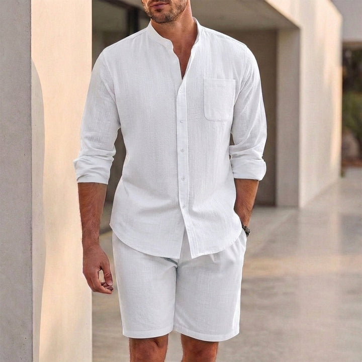 Relaxed Two-Piece Set with Band Collar Shirt and Tailored Shorts