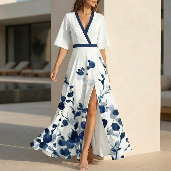 Flowing Floral Maxi Dress with Contrast Wrap Bodice and Front Slit