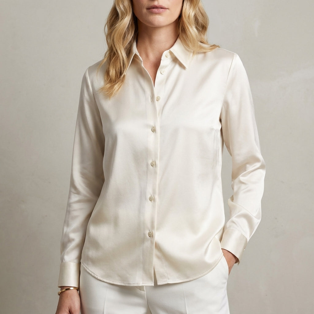 Tailored Button Front Blouse with Refined Point Collar