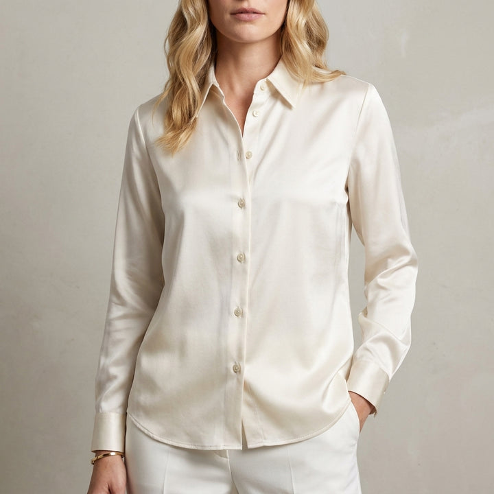 Tailored Button Front Blouse with Refined Point Collar