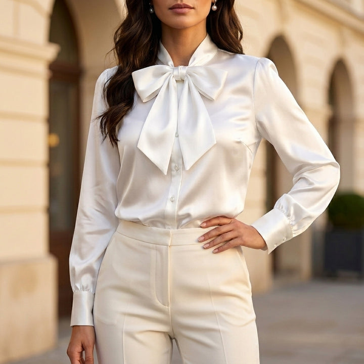 Tailored Bow Tie Blouse with Bishop Sleeves for Elegance