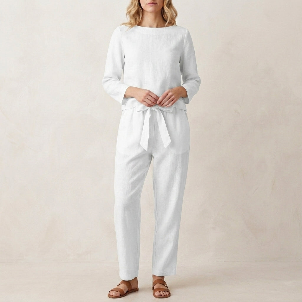 Relaxed Linen Blend Two Piece Set with Tie Waist Trousers