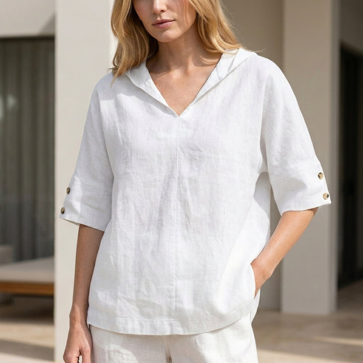 Relaxed Linen Blend Blouse with Soft Open Collar Neckline