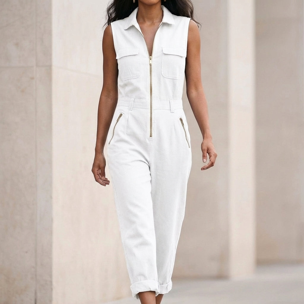 Relaxed Sleeveless Utility Jumpsuit with Zip-Front and Tailored Cuffs