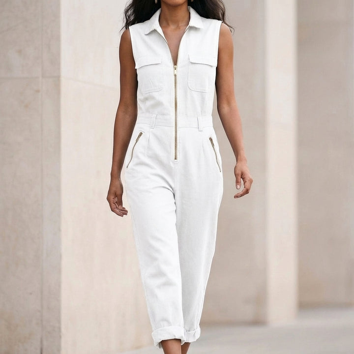 Relaxed Sleeveless Utility Jumpsuit with Zip-Front and Tailored Cuffs