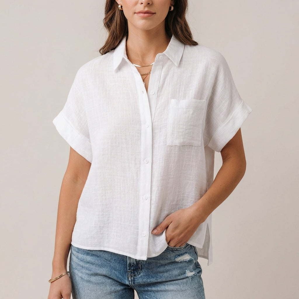 Relaxed Fit Collared Button-Up Shirt with Rolled Sleeves Design