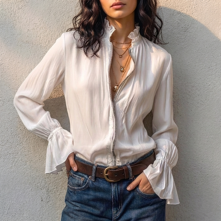 Fitted Blouse with Ruffled High Neck and Bell Sleeves