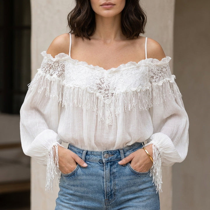 Lace Trim Off Shoulder Blouse with Fringe Detail Sleeves