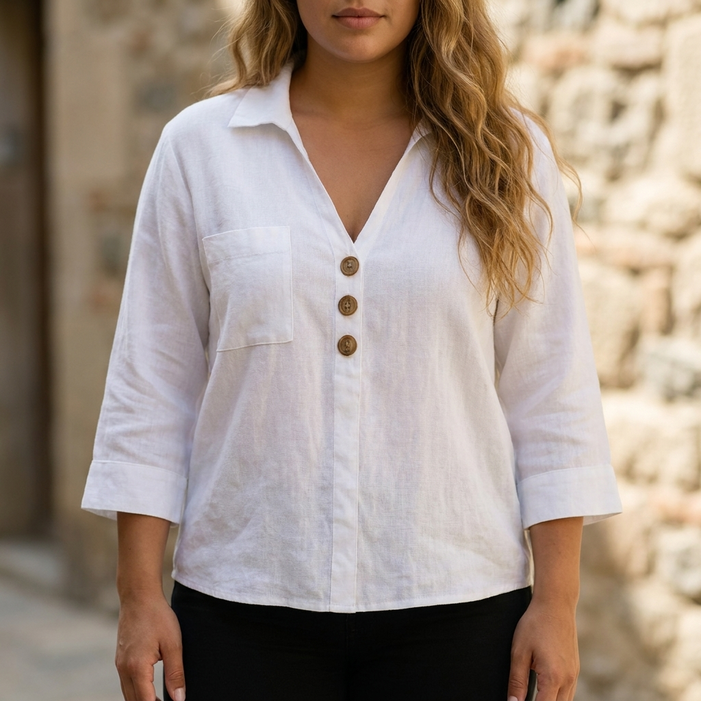 Relaxed Button Detail Blouse with Open Collar Neckline