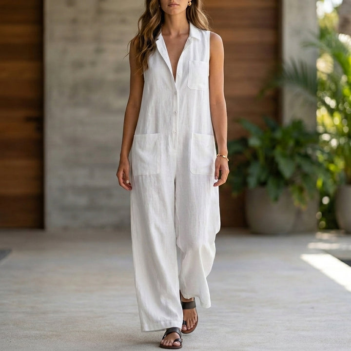 Sleeveless Wide-Leg Overalls with Plunging Collar and Patch Pockets