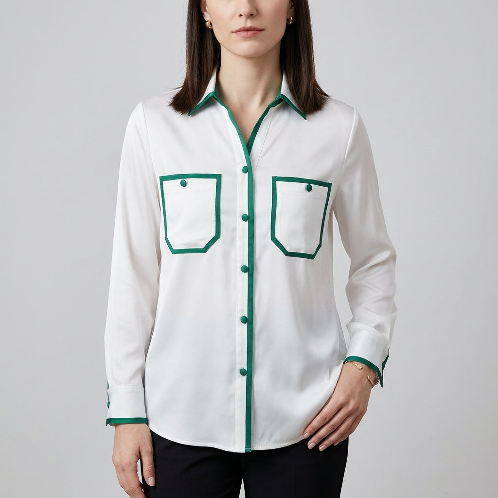Contrast Trim Button Front Blouse with Tailored Utility Pockets