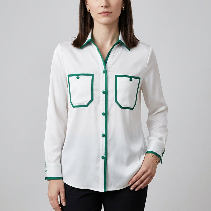 Contrast Trim Button Front Blouse with Tailored Utility Pockets