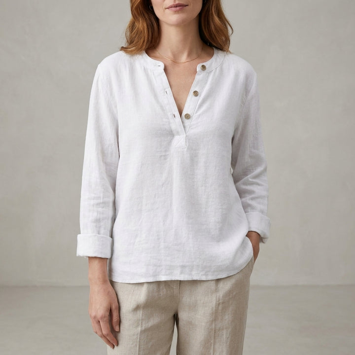 Relaxed Henley Blouse with Notched Neckline and Button Detail