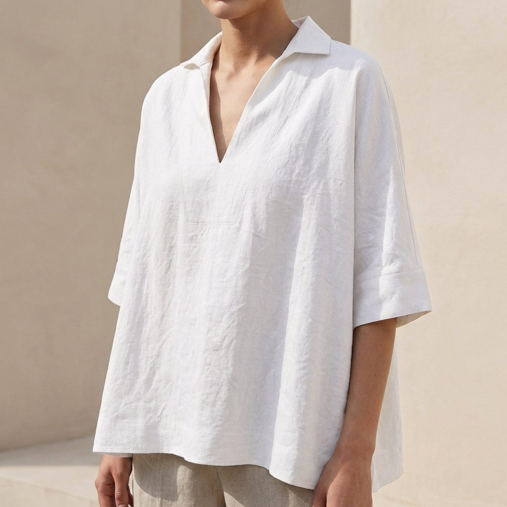 Loose V-Neck Shirt with Lapel Collar and Cuffed Sleeves
