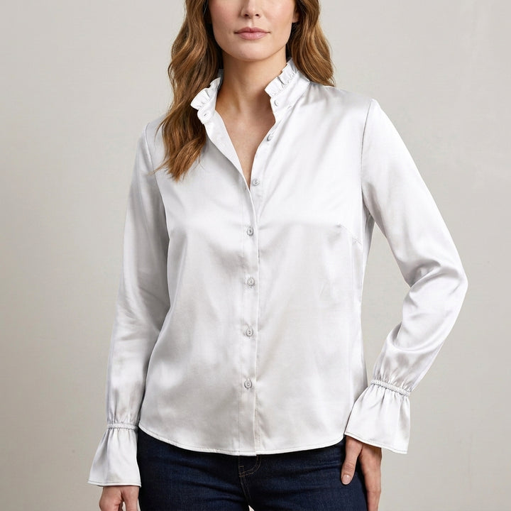 Refined Ruffle Collar Blouse with Flared Cuff Sleeves