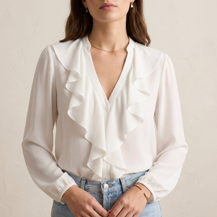 Elegant Chiffon Ruffle V-Neck Blouse with Bishop Sleeves for Smart Casual