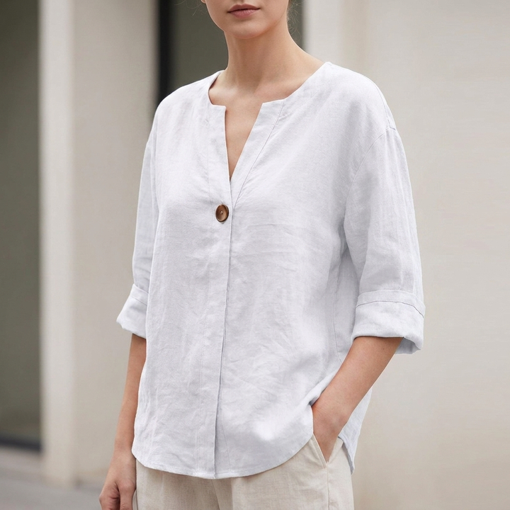 Relaxed Linen Blend Blouse with Statement Button Detail