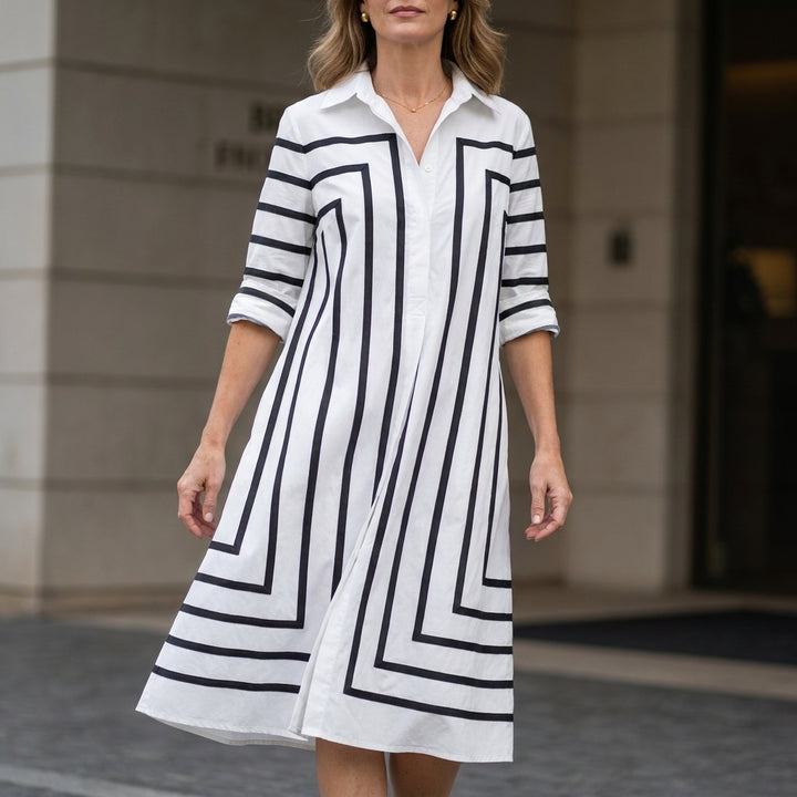 Relaxed Fit Geometric Stripe Midi Shirt Dress with Classic Collar
