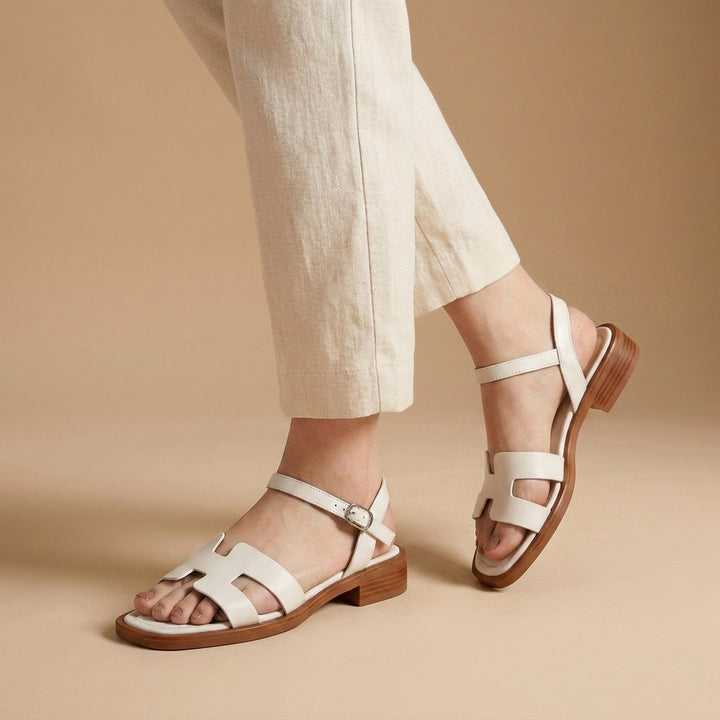 Ankle-Strap Flat Sandals with H-Shaped Vamp and Low Block Heel