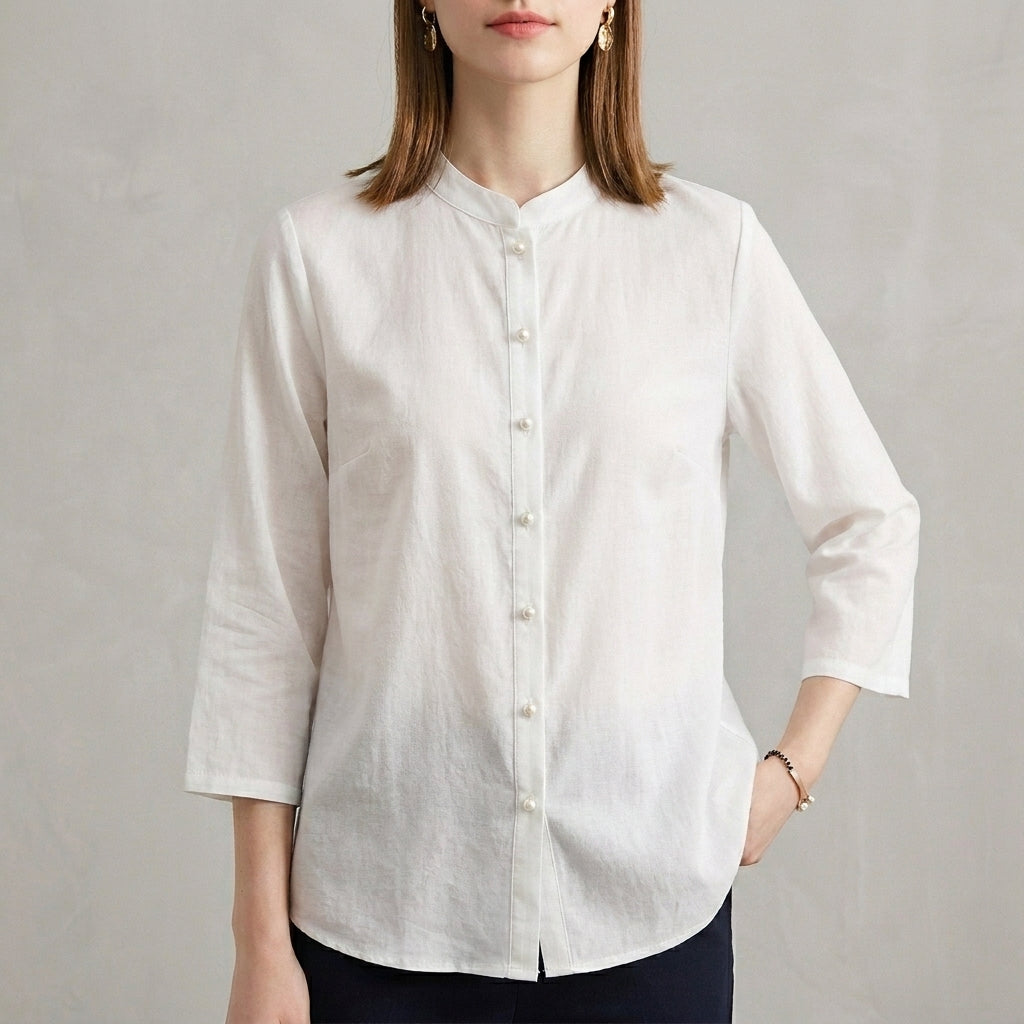 Relaxed Button Front Blouse with Mandarin Collar