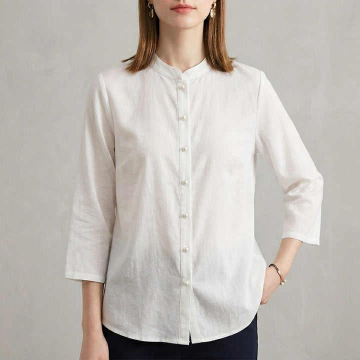 Relaxed Button Front Blouse with Mandarin Collar