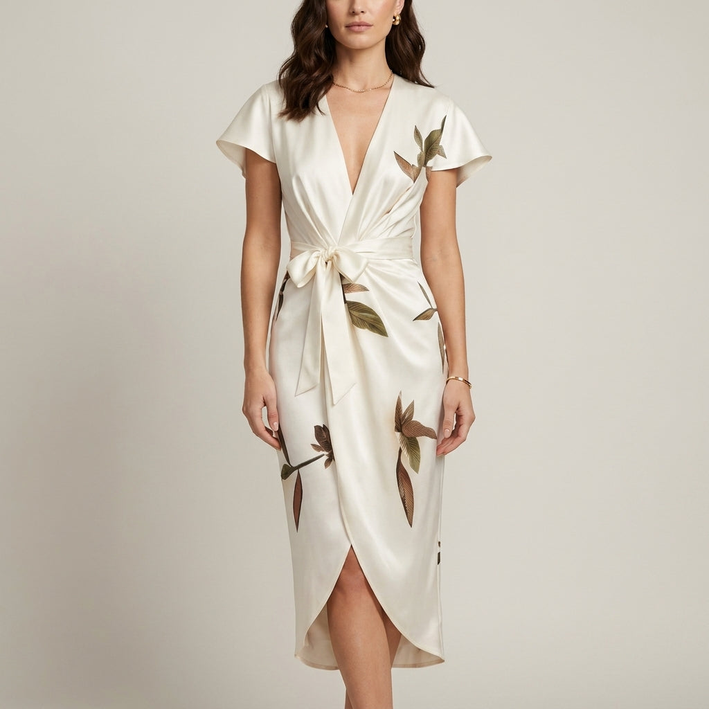 Floral Print Wrap Midi Dress with Tie Waist and Tulip Hem