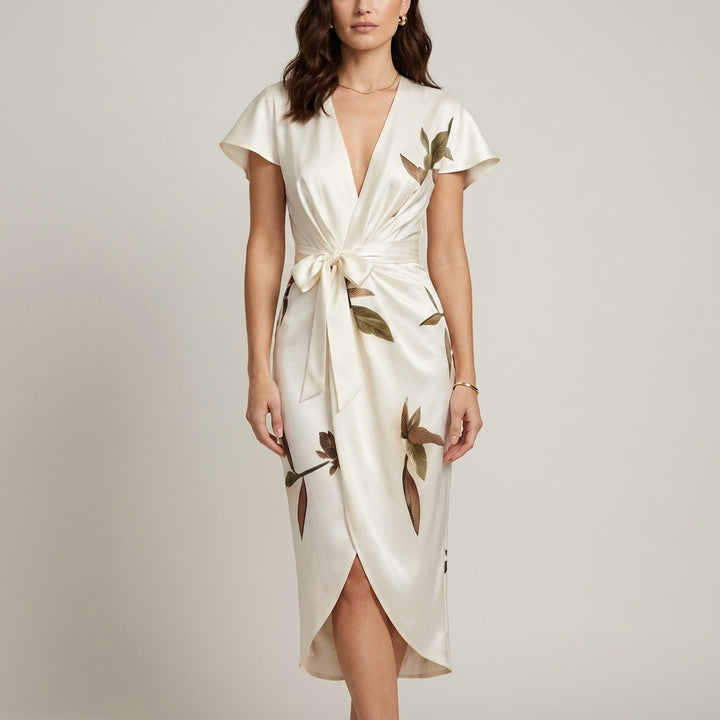 Floral Print Wrap Midi Dress with Tie Waist and Tulip Hem