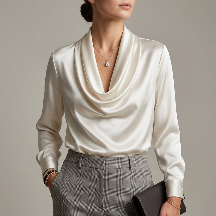 Elegant Blouse with Draped Cowl Neck and Long Sleeves