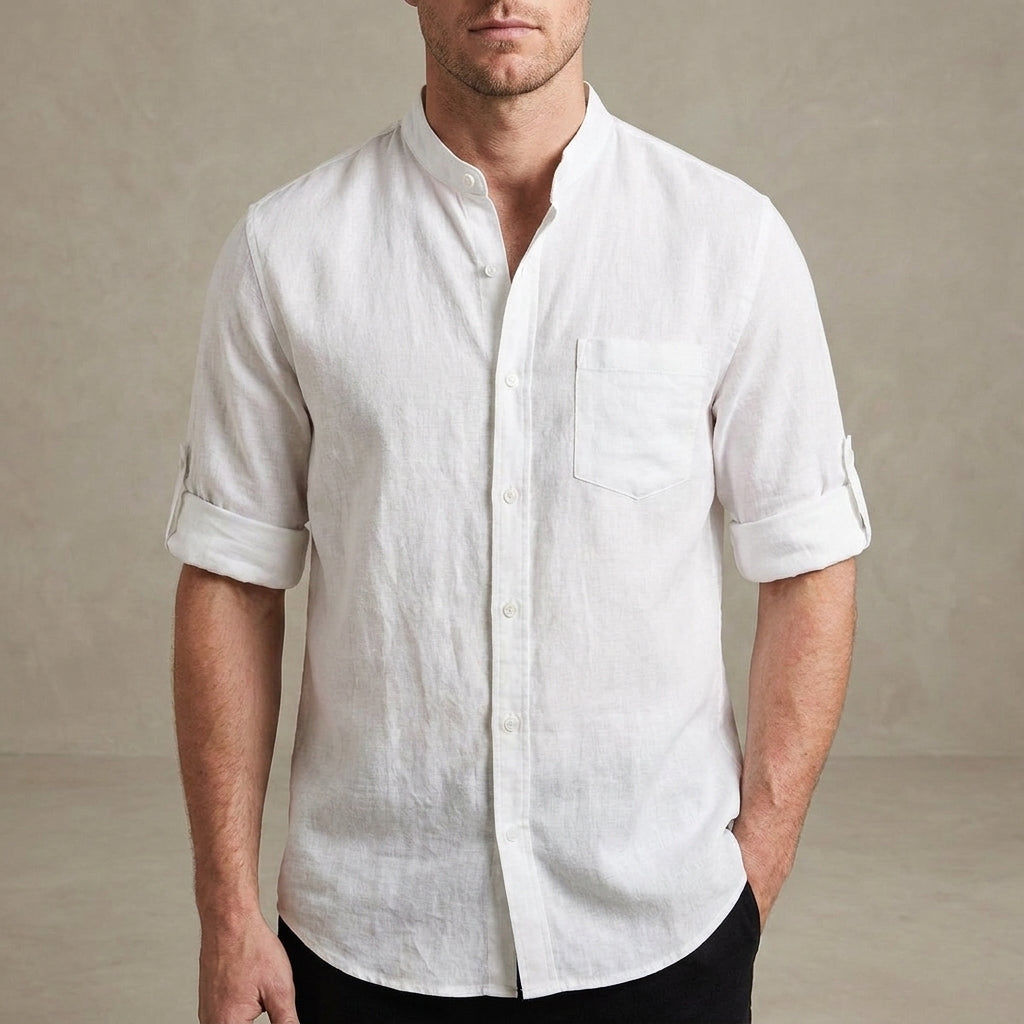 Mandarin Collar Linen Blend Shirt with Rolled Short Sleeves