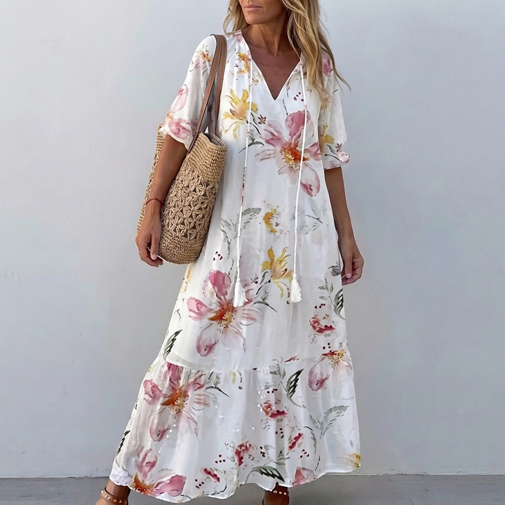 Boho Printed Maxi Dress with Tassel Tie Neck and Tiered Skirt