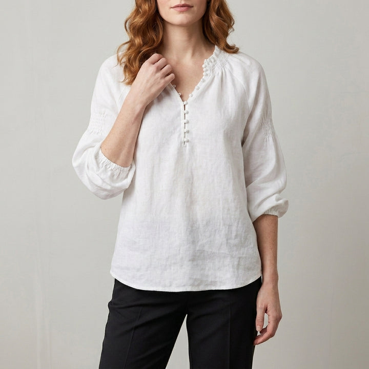 Relaxed Peasant Blouse with Gathered Neckline and Balloon Sleeves