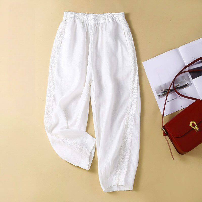 Relaxed Cropped Tapered Pants with Lace Trim