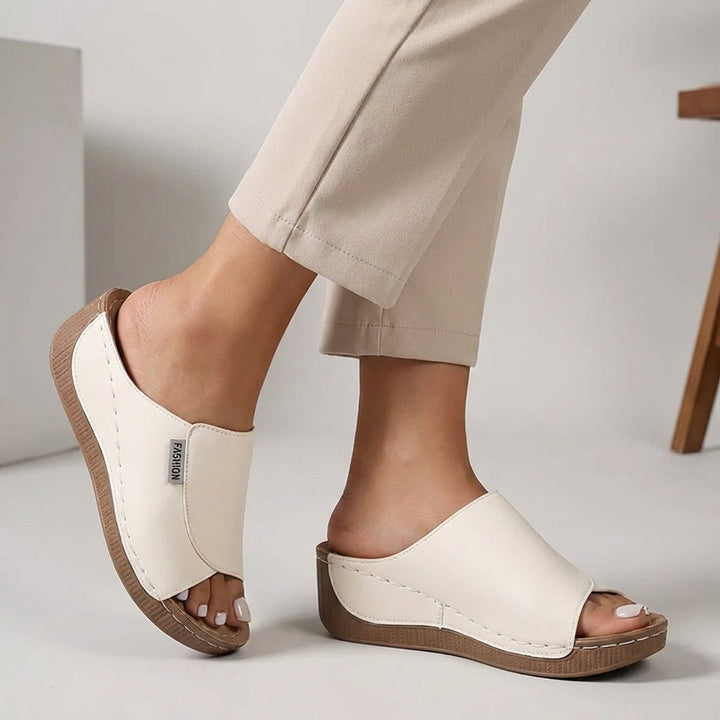 Open-Toe Wedge Sandals with Contrast Stitching
