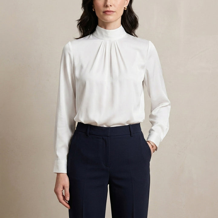 Mock Neck Satin Blouse with Elegant Pleated Front Detail