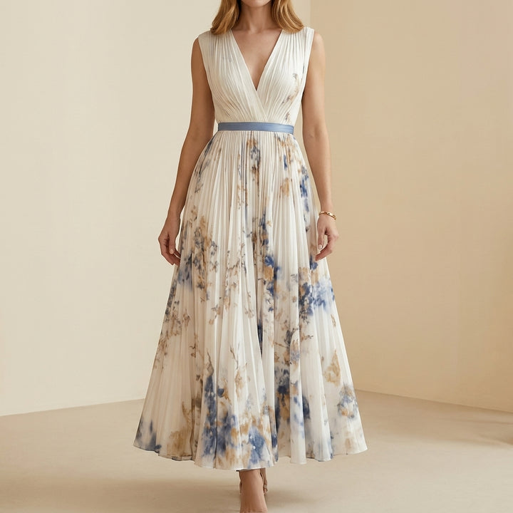 Pleated Floral Midi Dress with Deep V Neckline and Waist Accent
