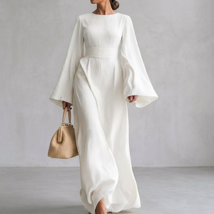 Flowing Maxi Dress with Draped Waist and Bell Sleeves